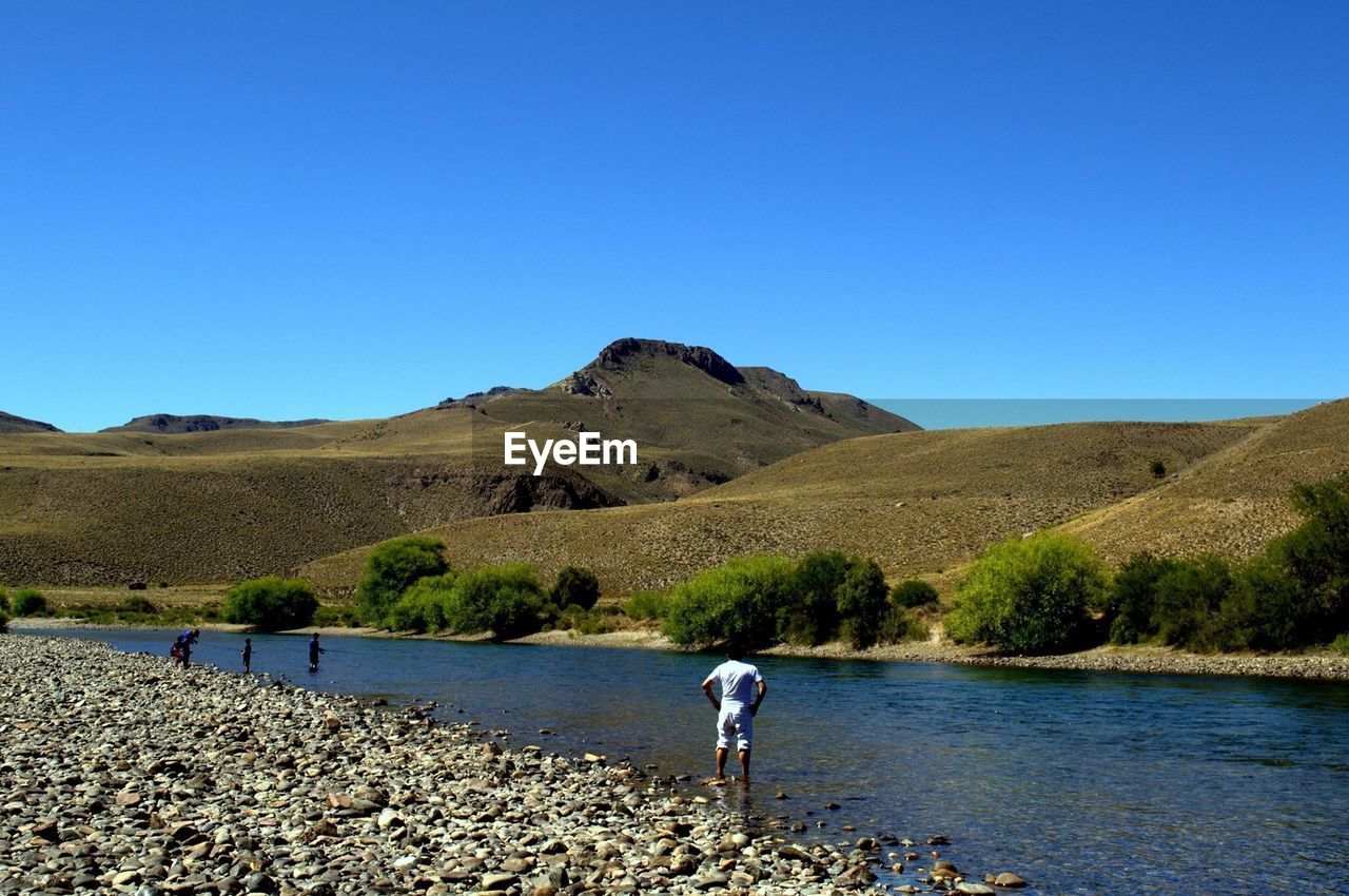 REAR VIEW OF MAN STANDING ON SHORE AGAINST CLEAR SKY