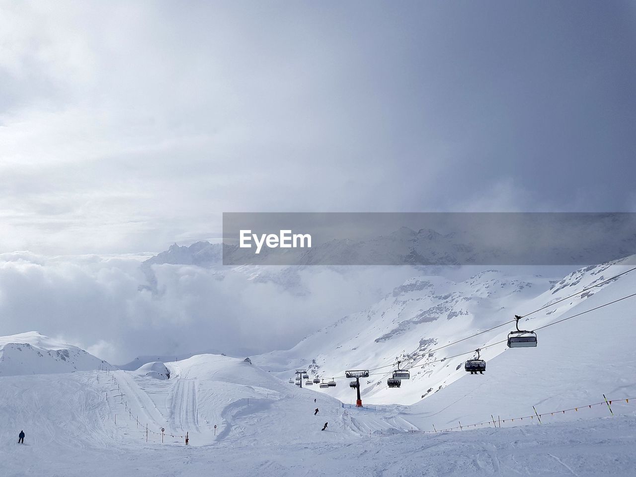 AERIAL VIEW OF SKI LIFT AGAINST SNOWCAPPED MOUNTAINS