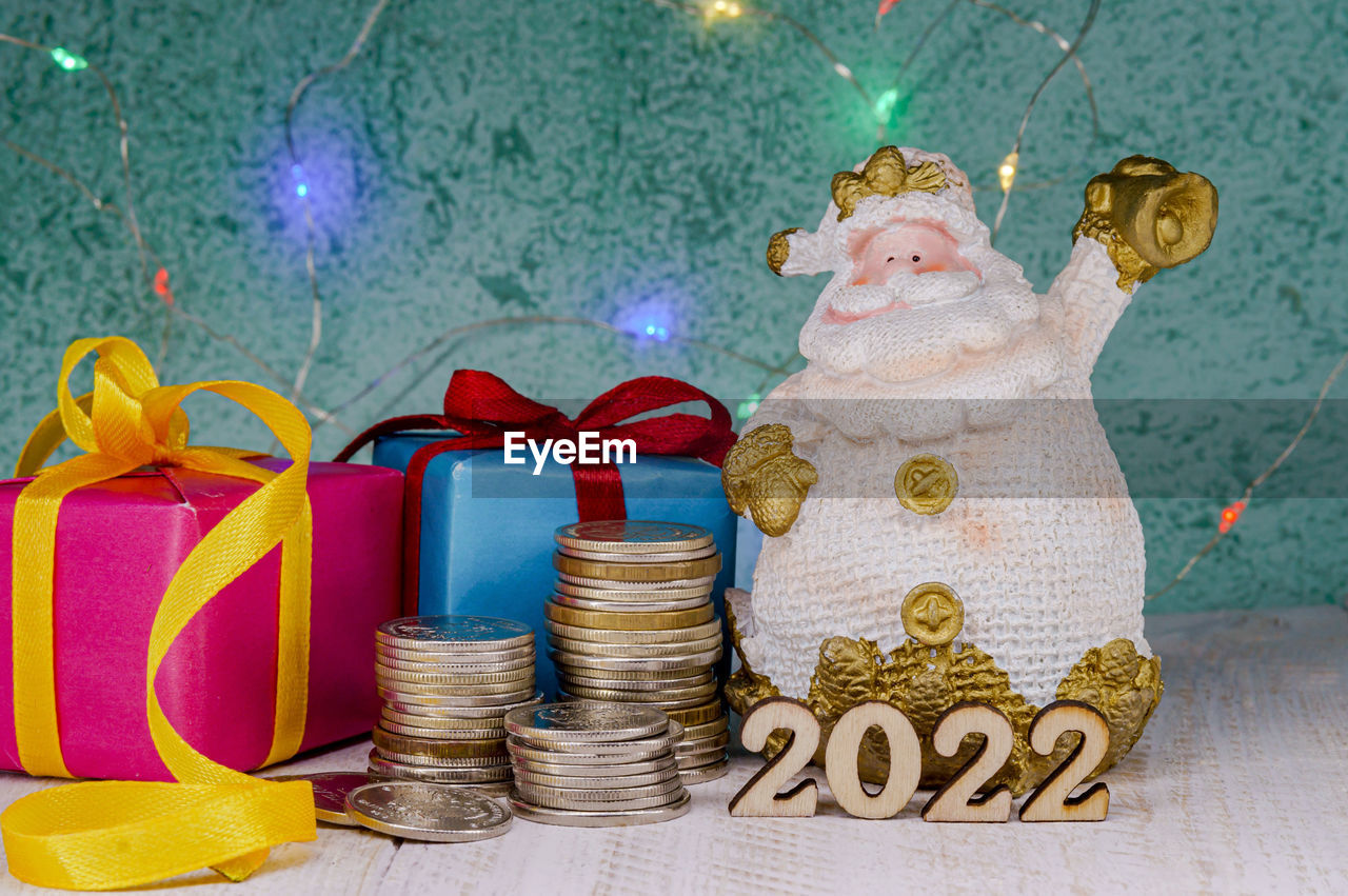 Gifts and money for the holiday. new year's card. holiday new year and christmas 2022.