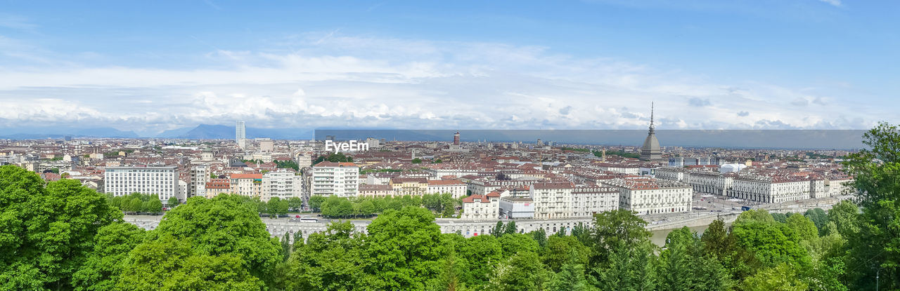 Extra wide angle aerial view of the skyline of turin with the mole antonelliana