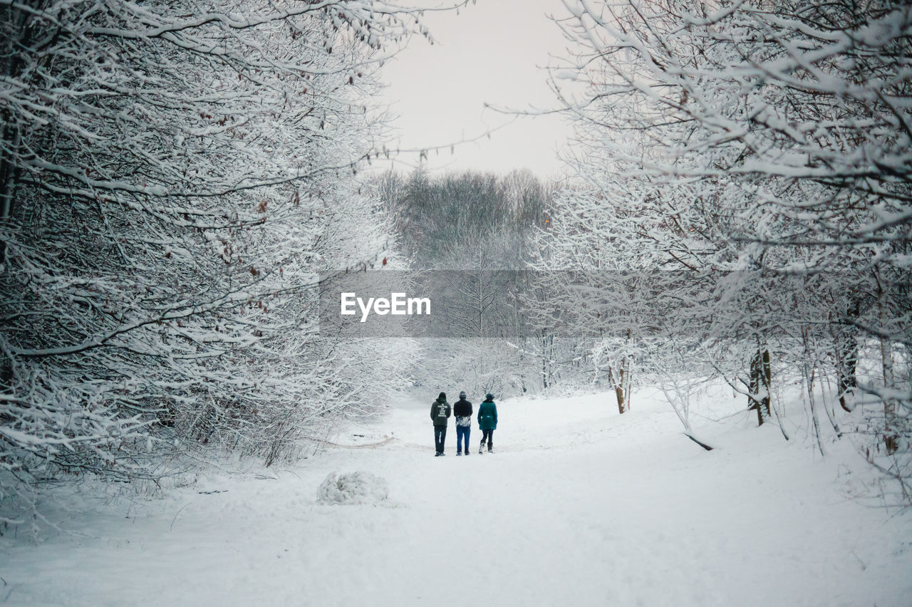 Friends walking on snow covered field amidst bare trees