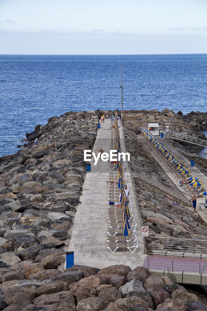 HIGH ANGLE VIEW OF GROYNE ON BEACH