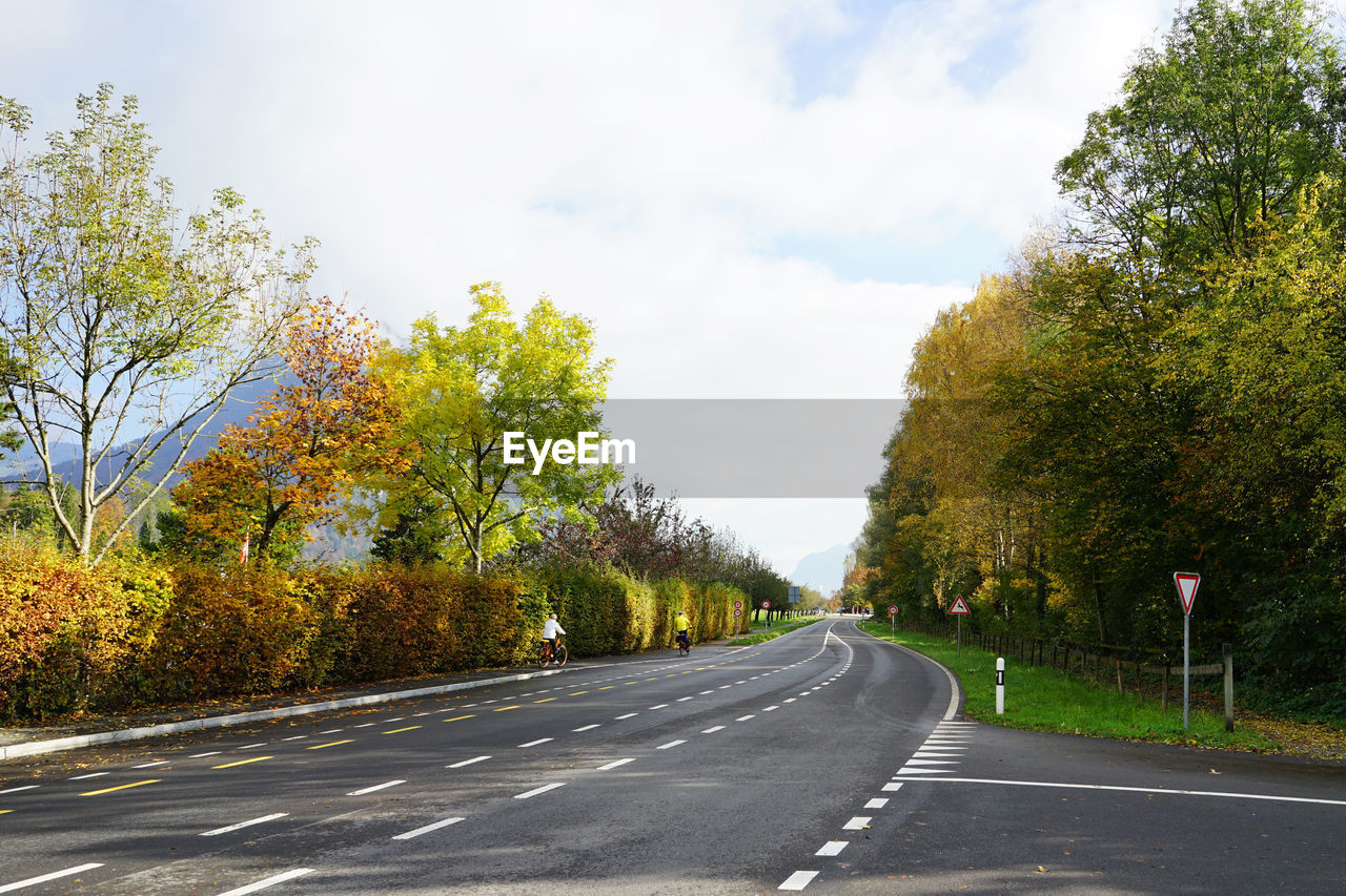 EMPTY STREET AMIDST TREES AGAINST SKY