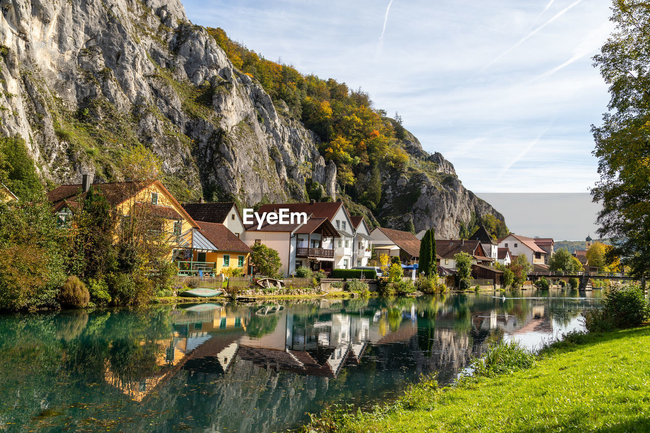 High rocks in the village essing in bavaria, germany at the altmuehl river on a sunny day in autumn