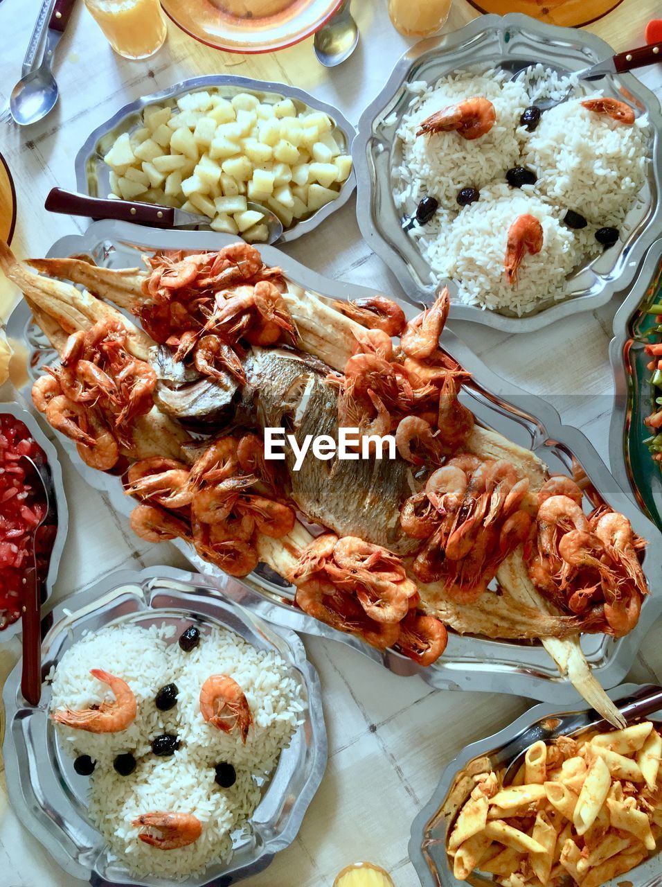 High angle view of food served on table