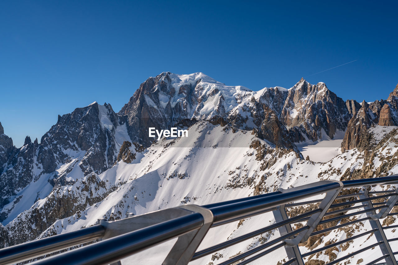 Panoramic view of snowcapped mountains against clear blue sky