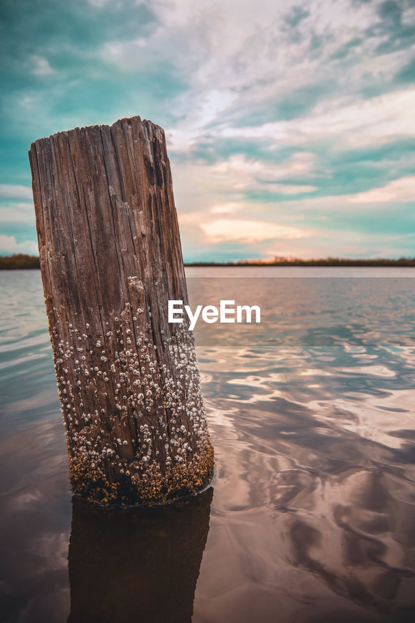 Wooden posts on beach against sky during sunset