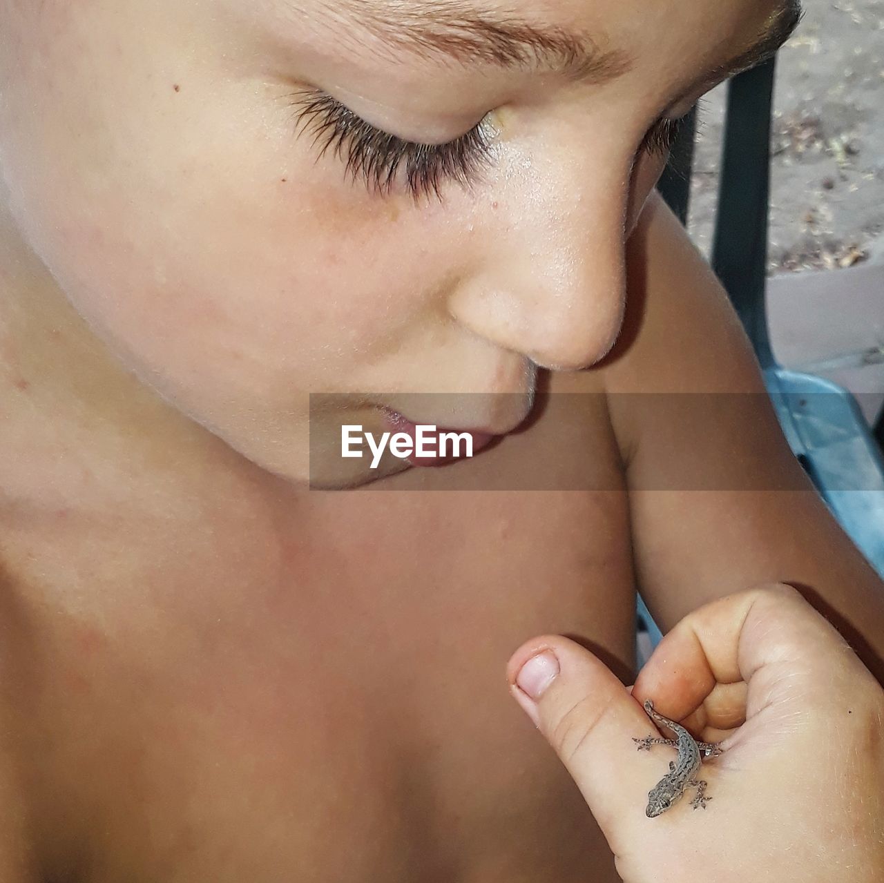 Close-up of shirtless boy holding small lizard
