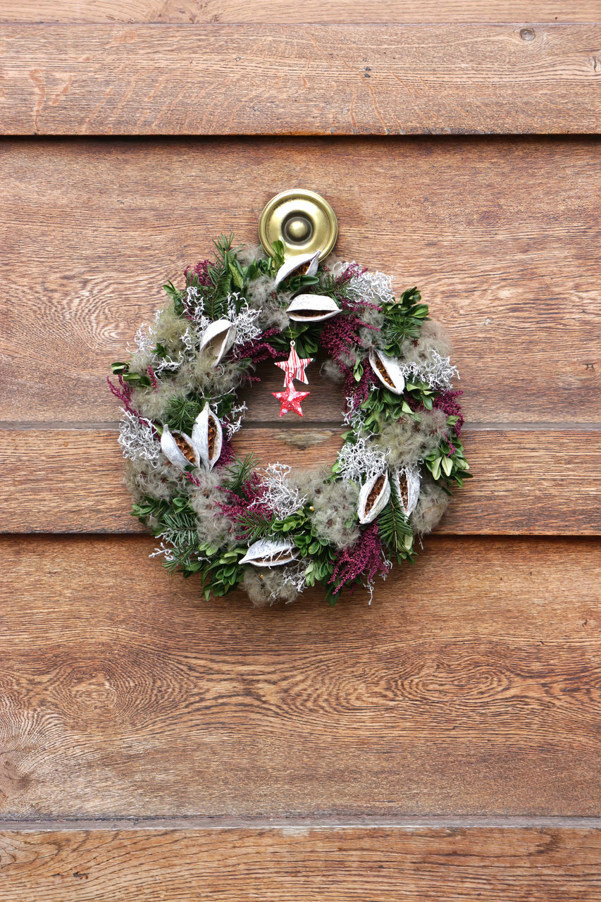 high angle view of christmas decorations on wooden table