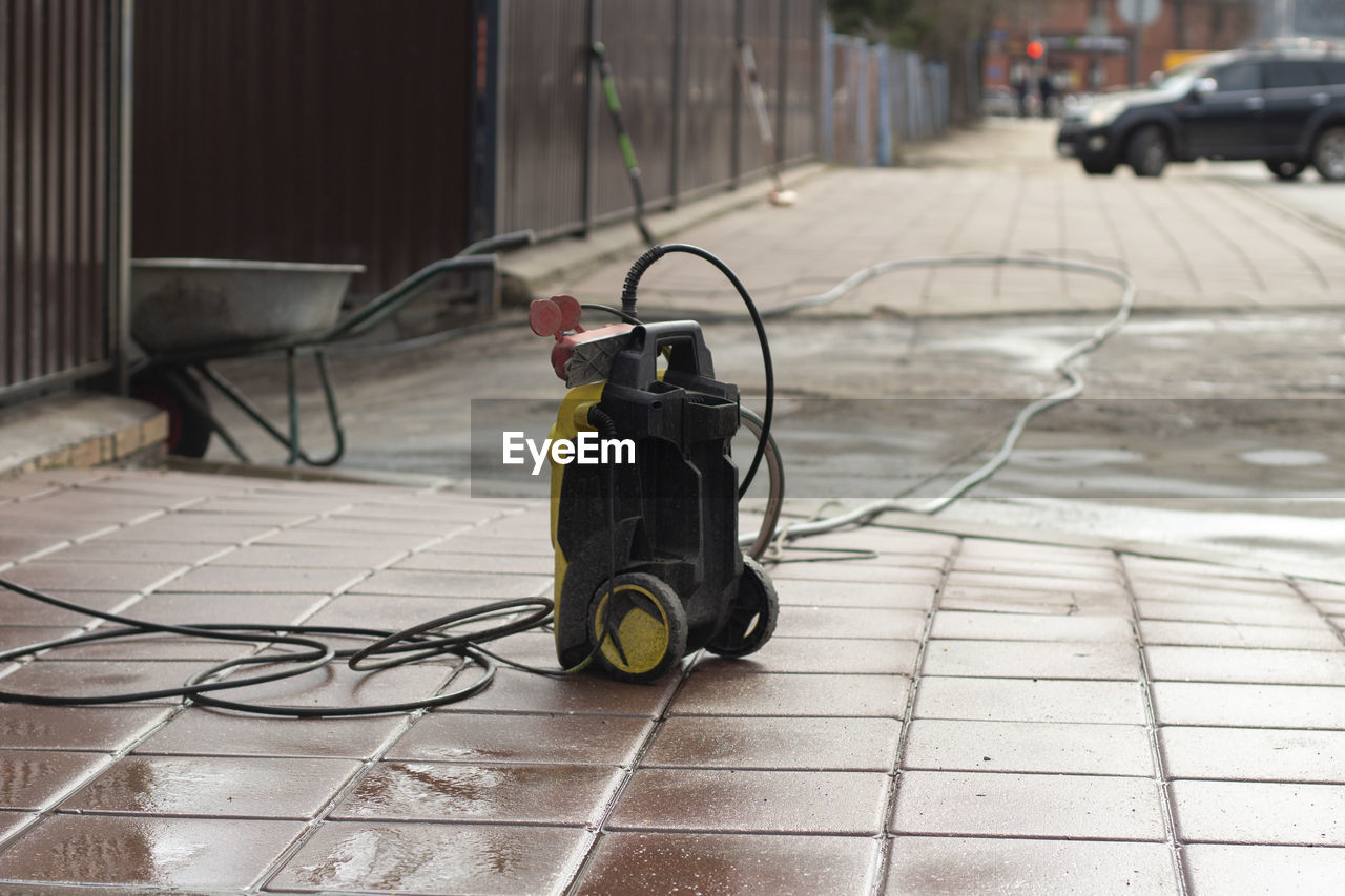 A water washing machine. gardener's tool. cleaning the area with water. 