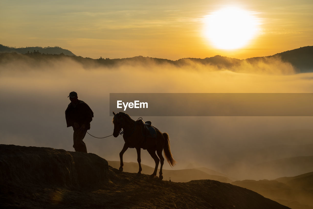 PEOPLE RIDING HORSES ON MOUNTAIN AGAINST SKY