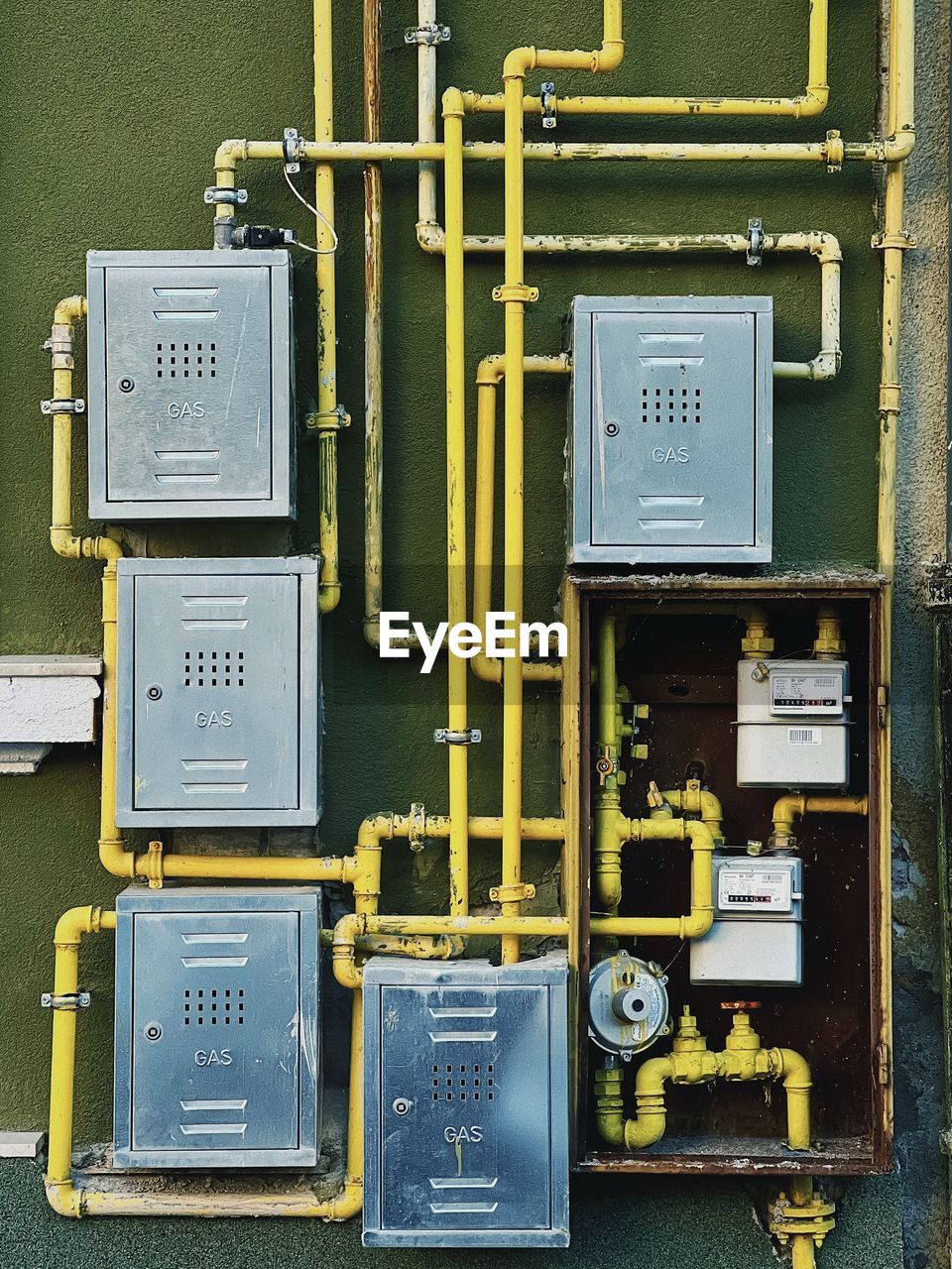 Close-up of a complex household natural gas system