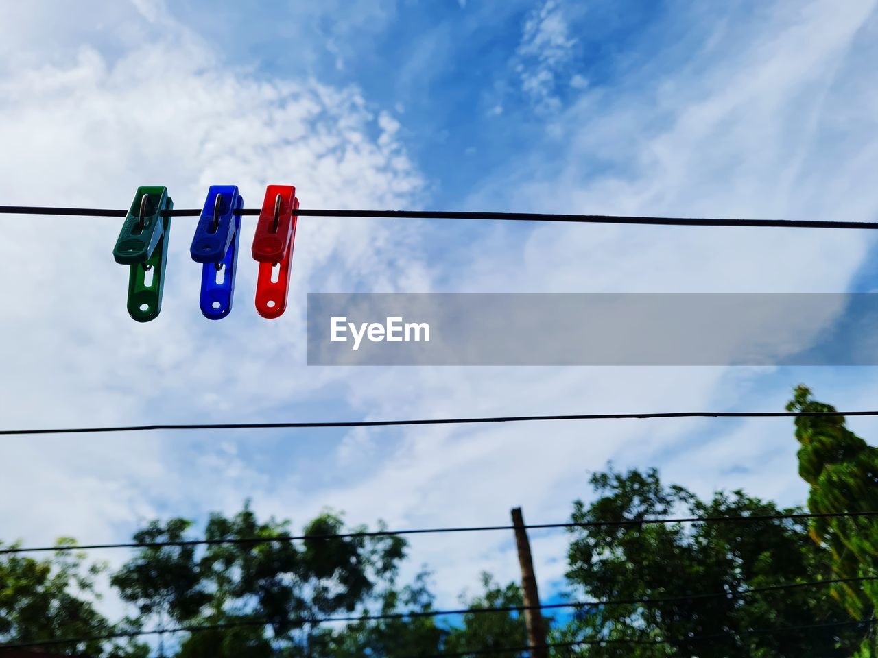 LOW ANGLE VIEW OF MULTI COLORED FLAGS HANGING AGAINST TREES