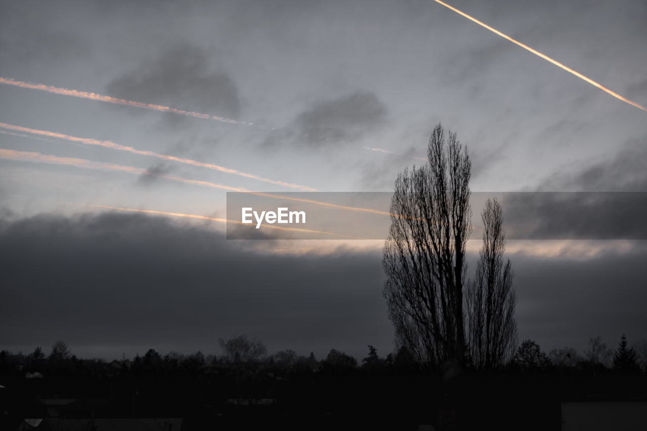 LOW ANGLE VIEW OF VAPOR TRAILS IN SKY