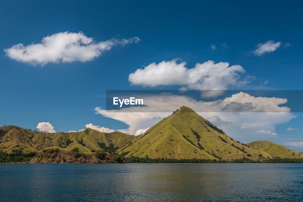 Scenic view of sea by mountain against sky