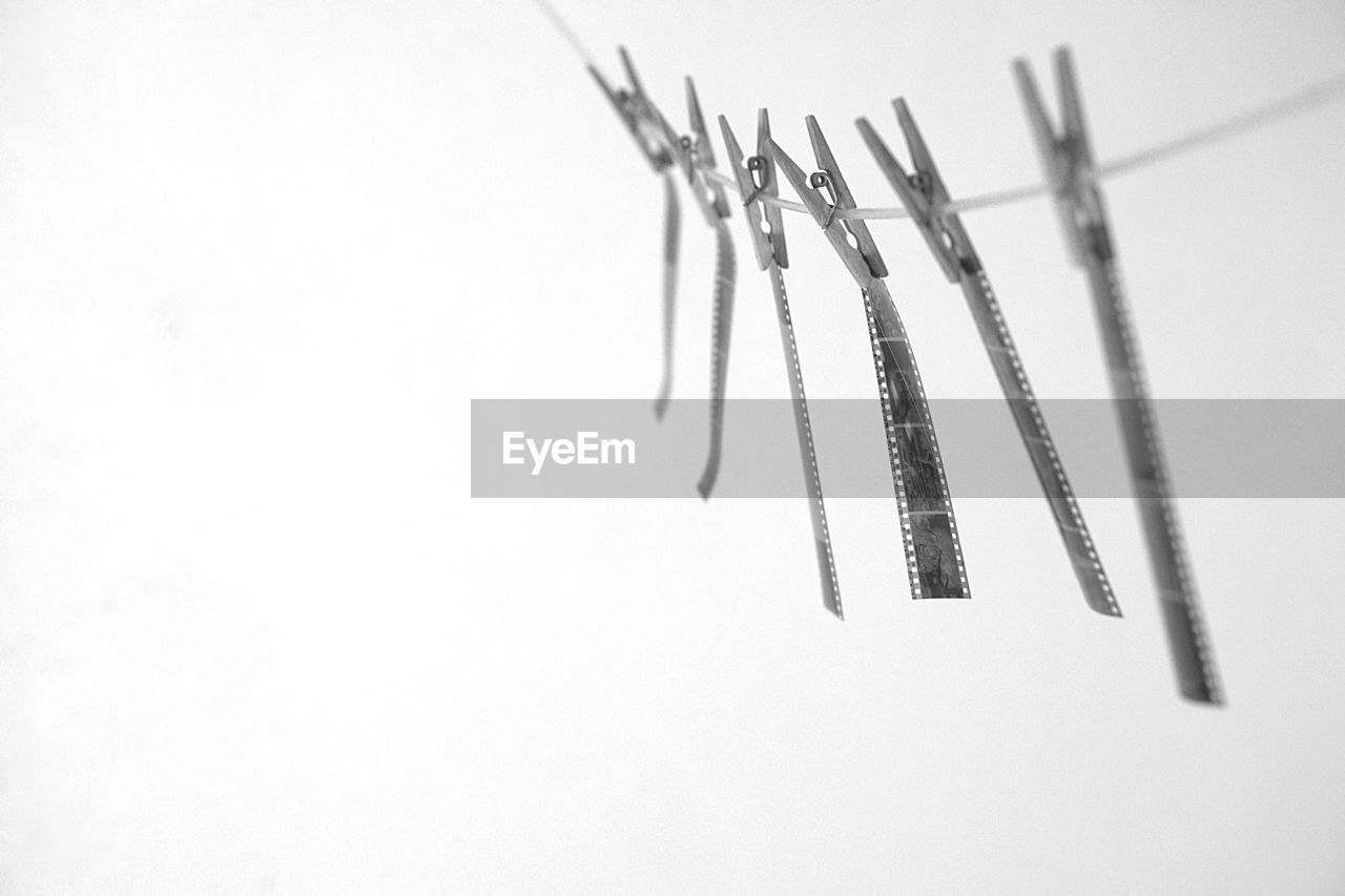 Negatives hanging on rope to clothespins against white background