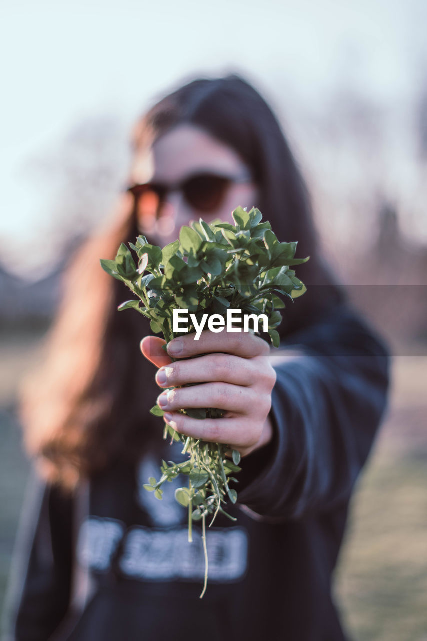 Close-up of woman holding plants