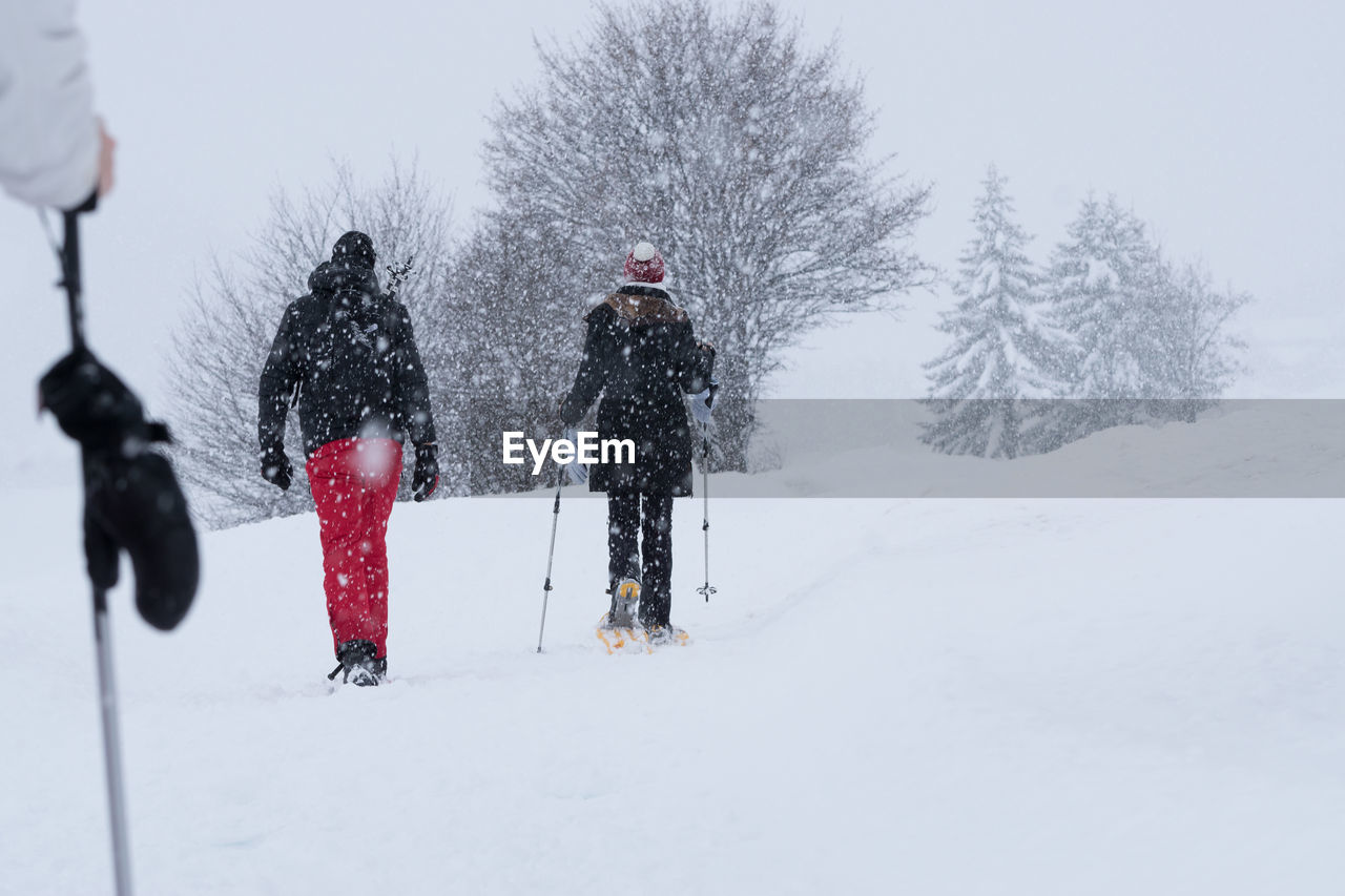 Rear view of people on snow covered field