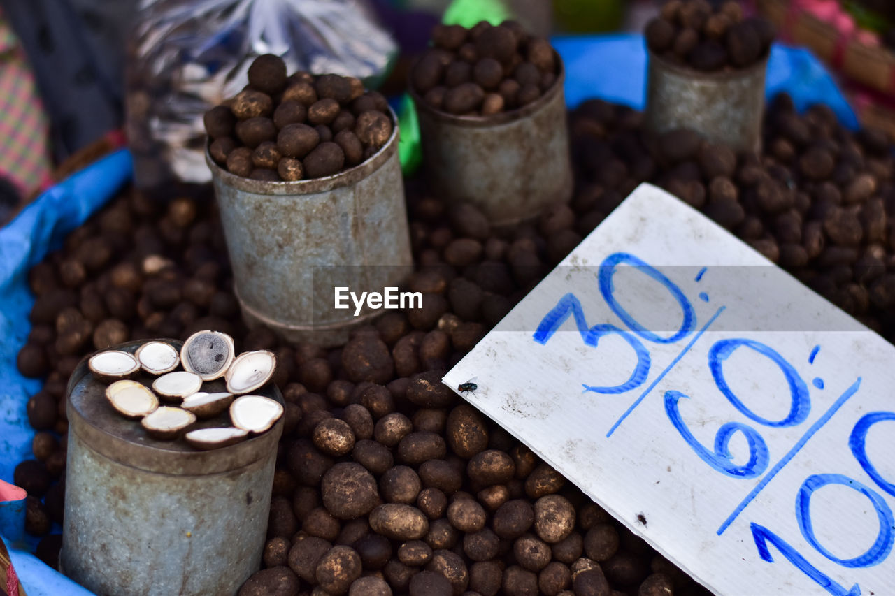High angle view of spices for sale at market stall