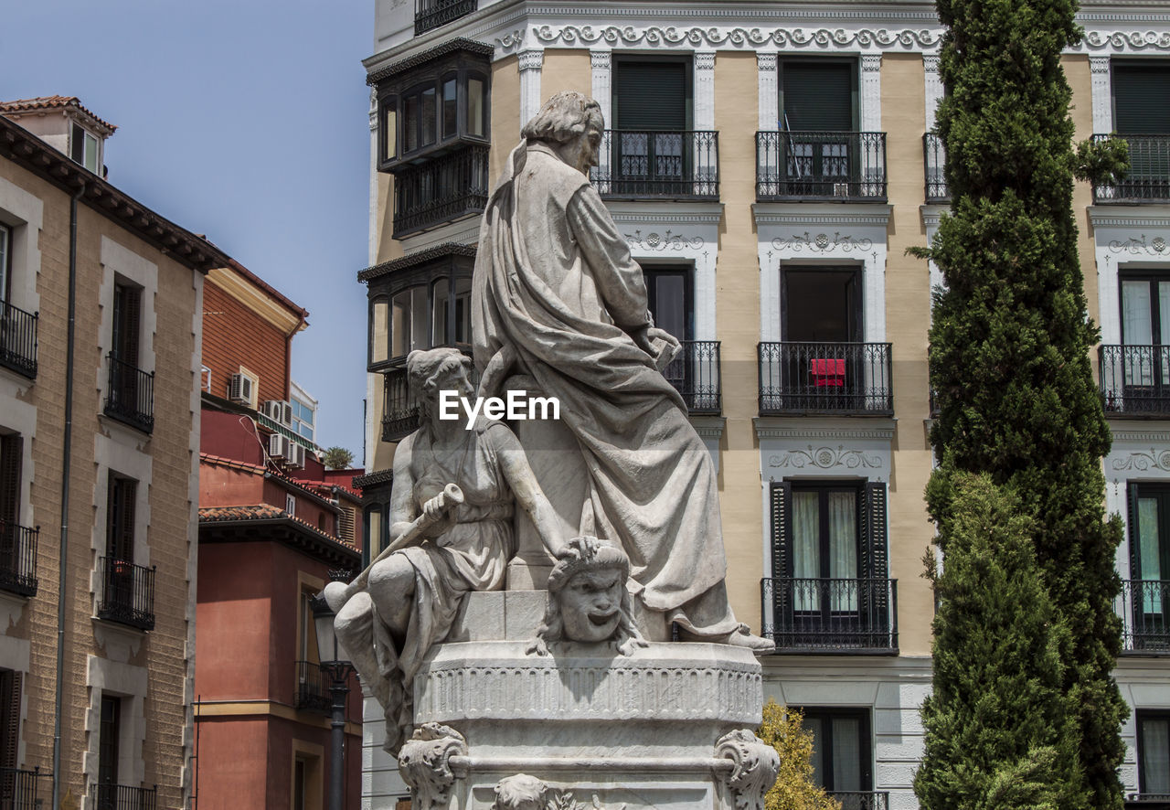 Statue of pedro calderon de la barca, spanish writer of the golden age in madrid, spain, europe.
