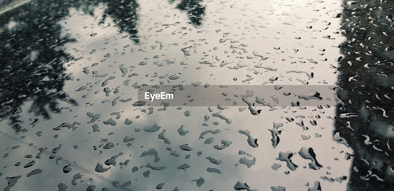 HIGH ANGLE VIEW OF RAINDROPS ON GLASS WINDOW