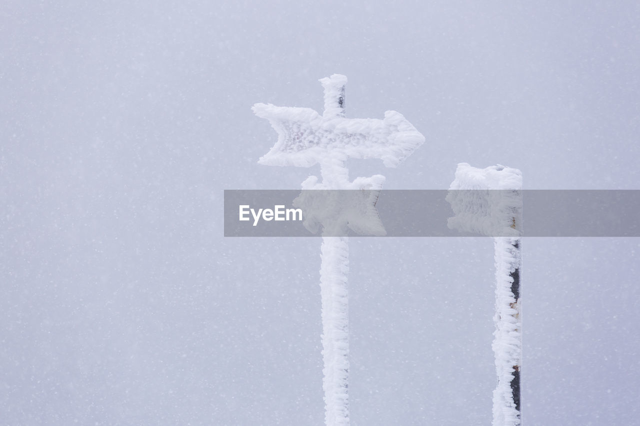 Snow covered signs against clear sky