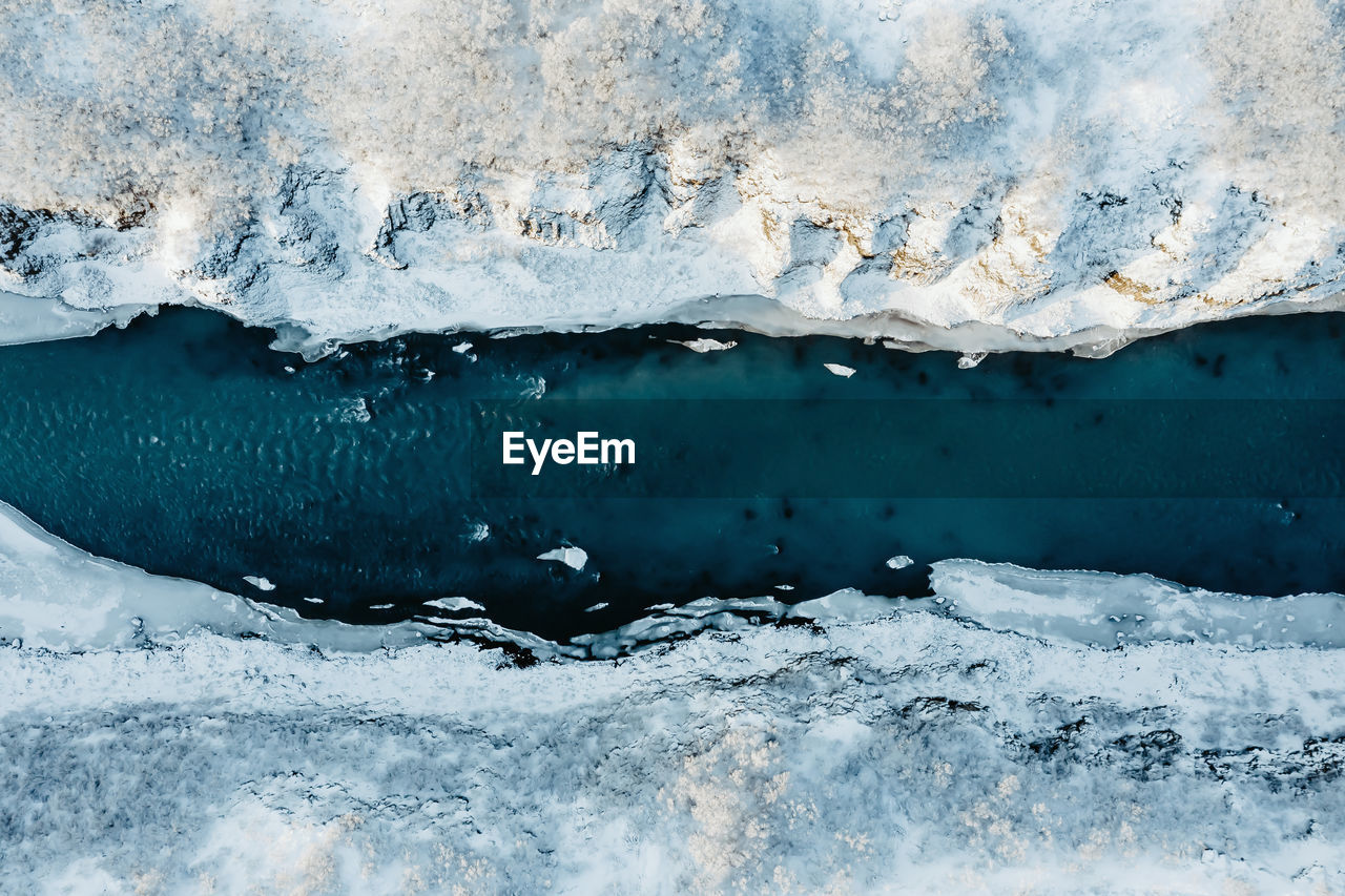 Aerial view of a river in iceland with turquoise water, melting ice