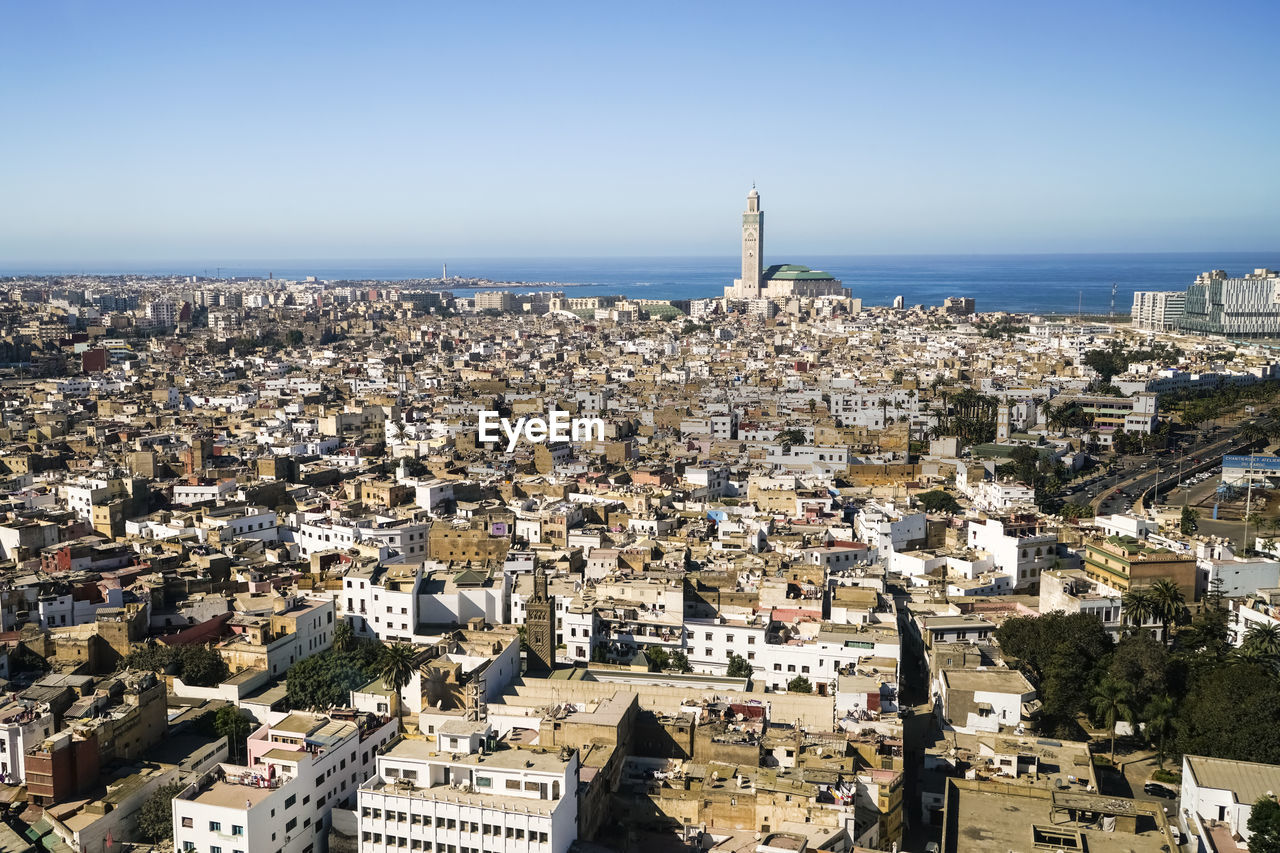 Elevated view of casablanca city with grand mosque and the atlantic