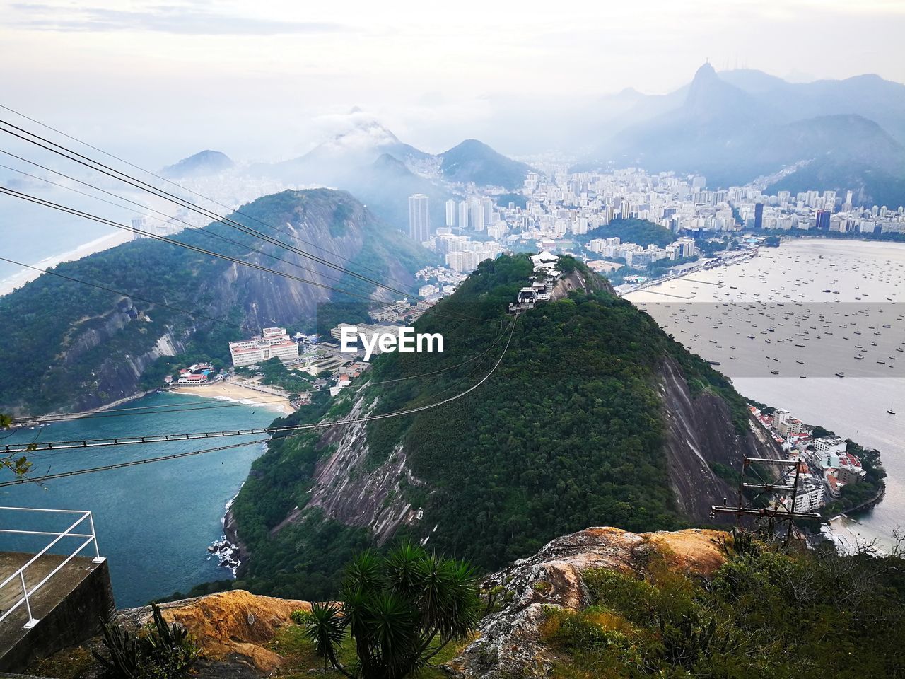 High angle view of cityscape against mountains