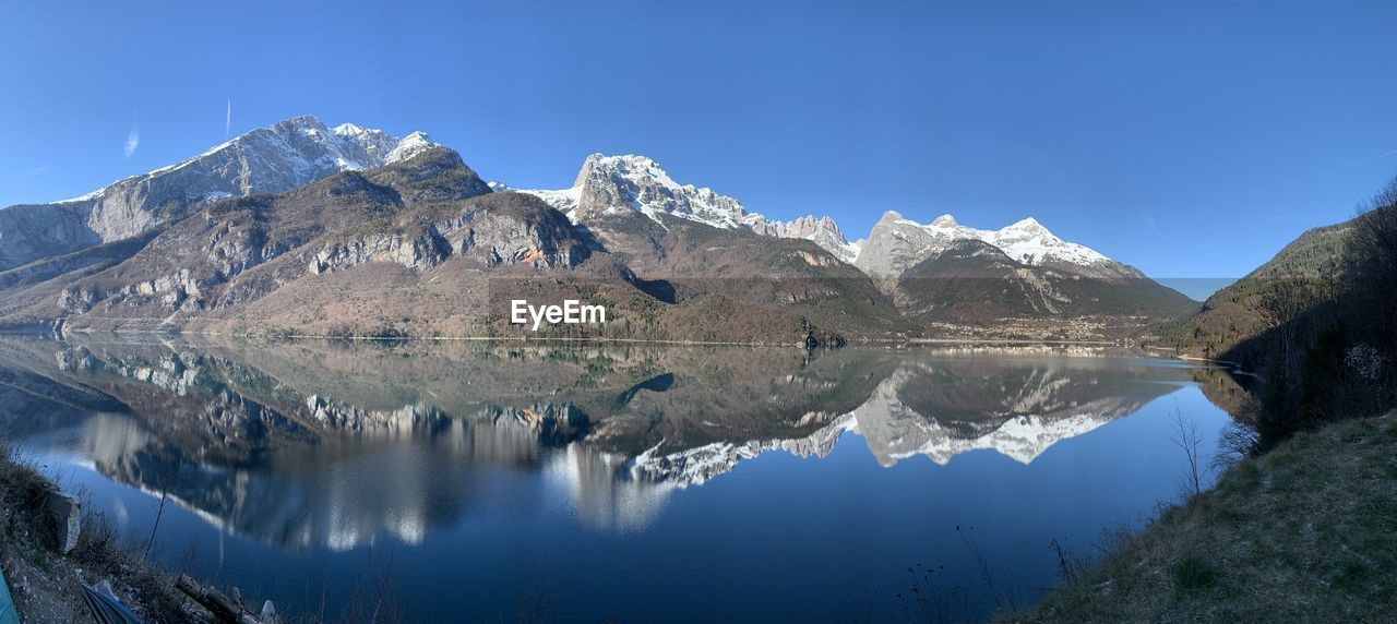 Panoramic view of lake and snowcapped mountains against sky