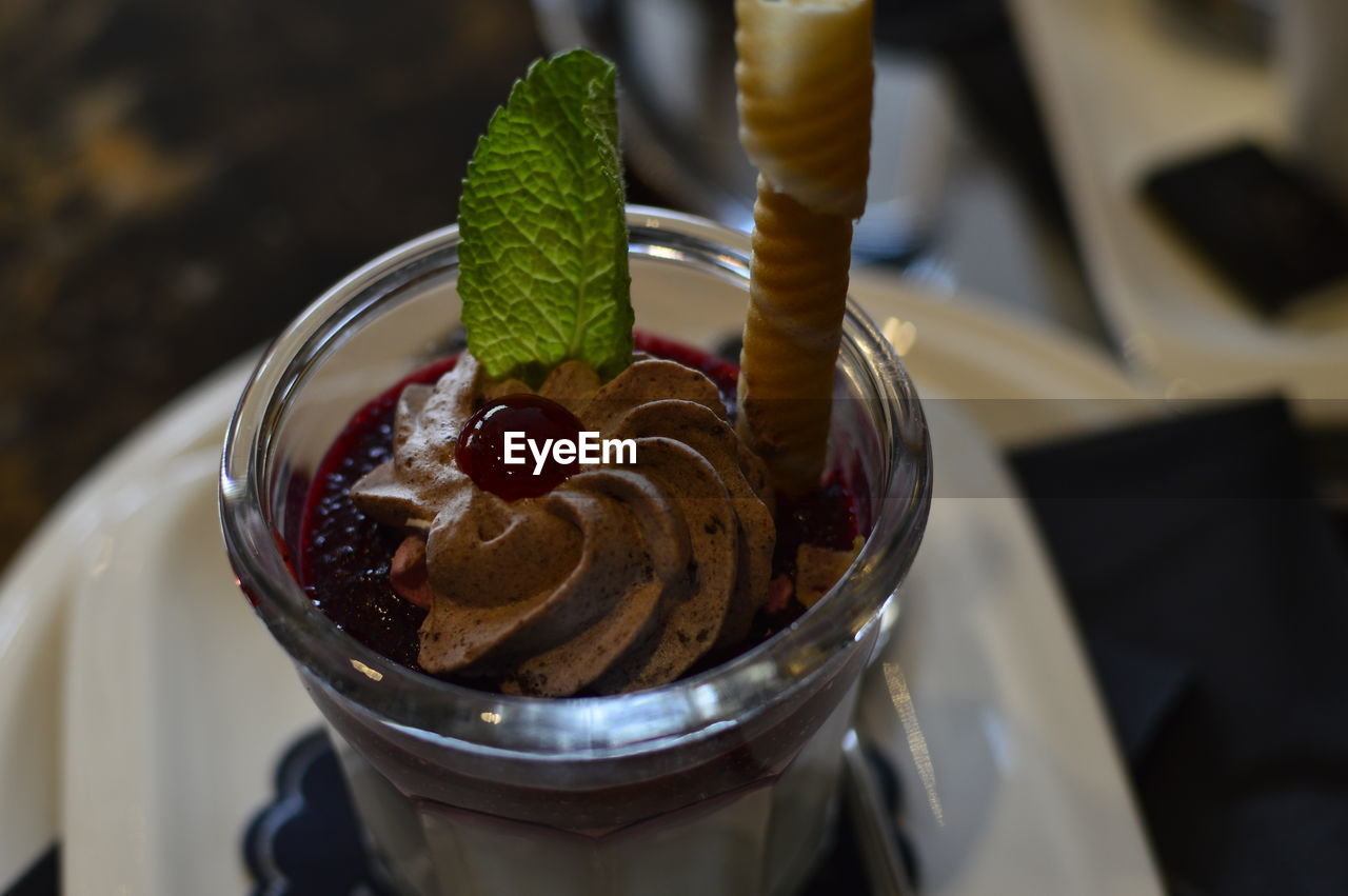 HIGH ANGLE VIEW OF ICE CREAM ON GLASS