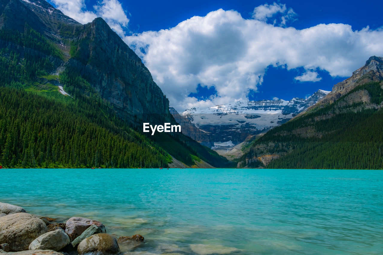 Panoramic view of lake and mountains against sky