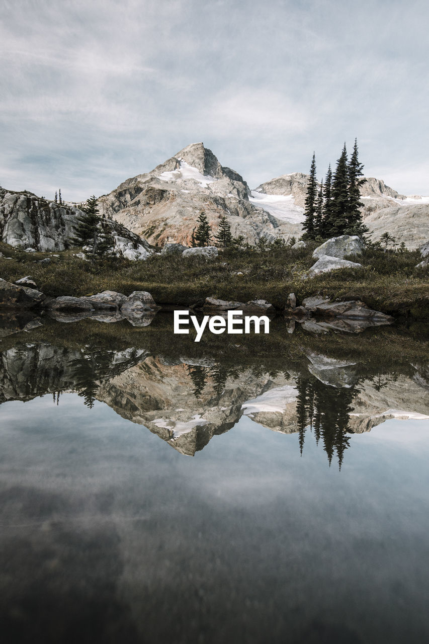 Alpine mountain scene reflecting in calm tarn