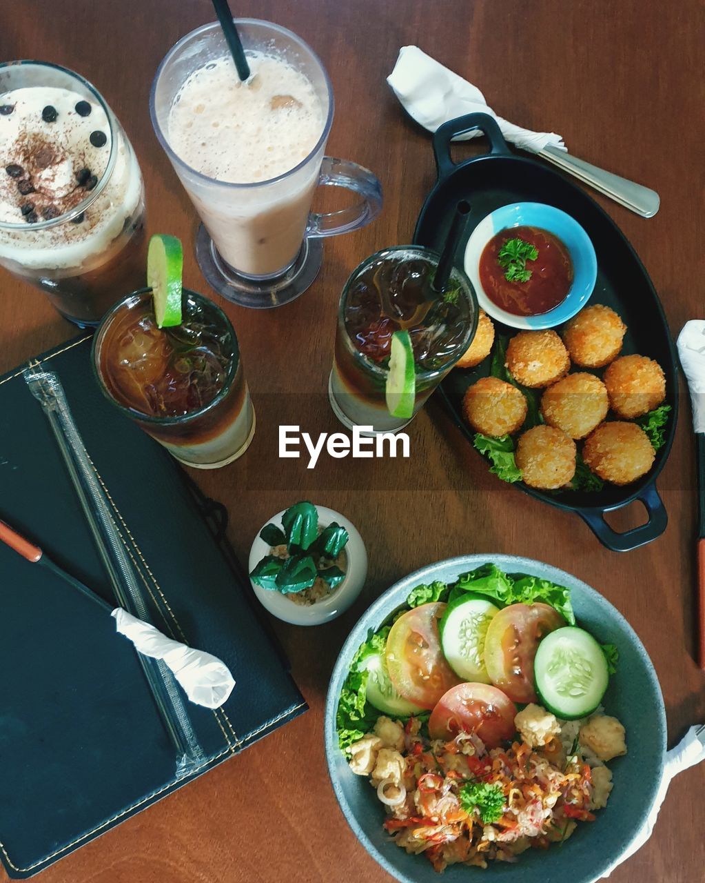 High angle view of meal served on table