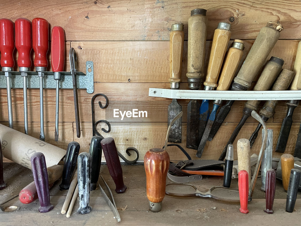 High angle view of work tools on table