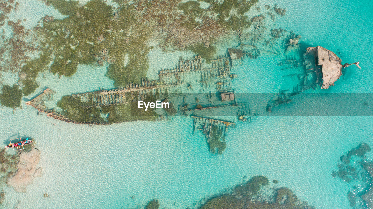 Aerial view of the ship wreck in the indian ocean in dar es salaam.