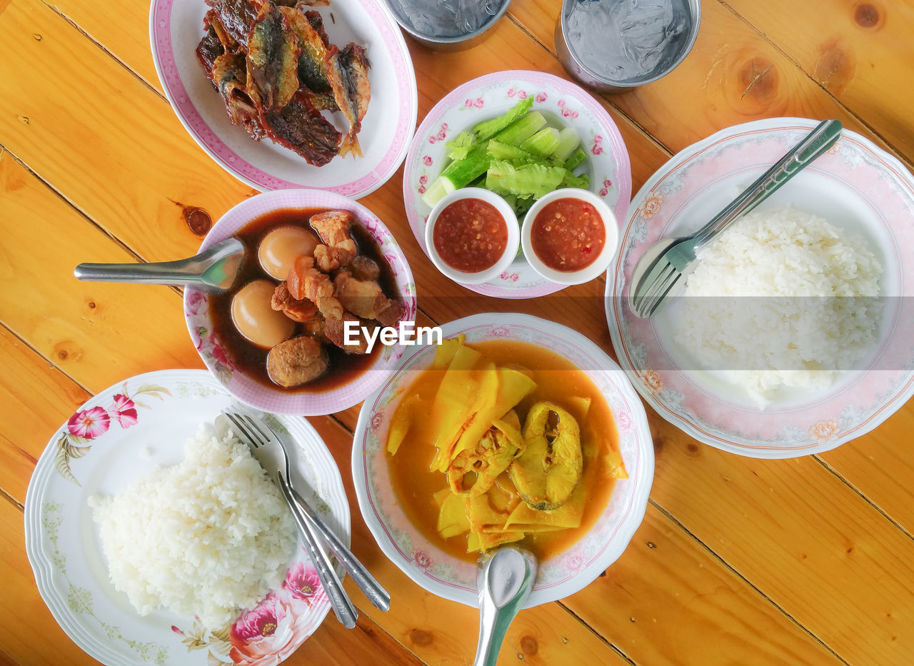 High angle view of thaifood served on table