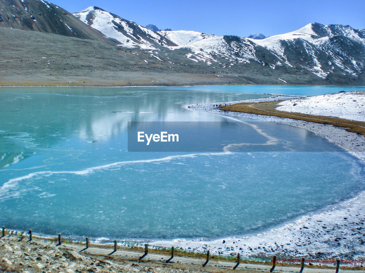 Scenic view of lake by snowcapped mountains against sky