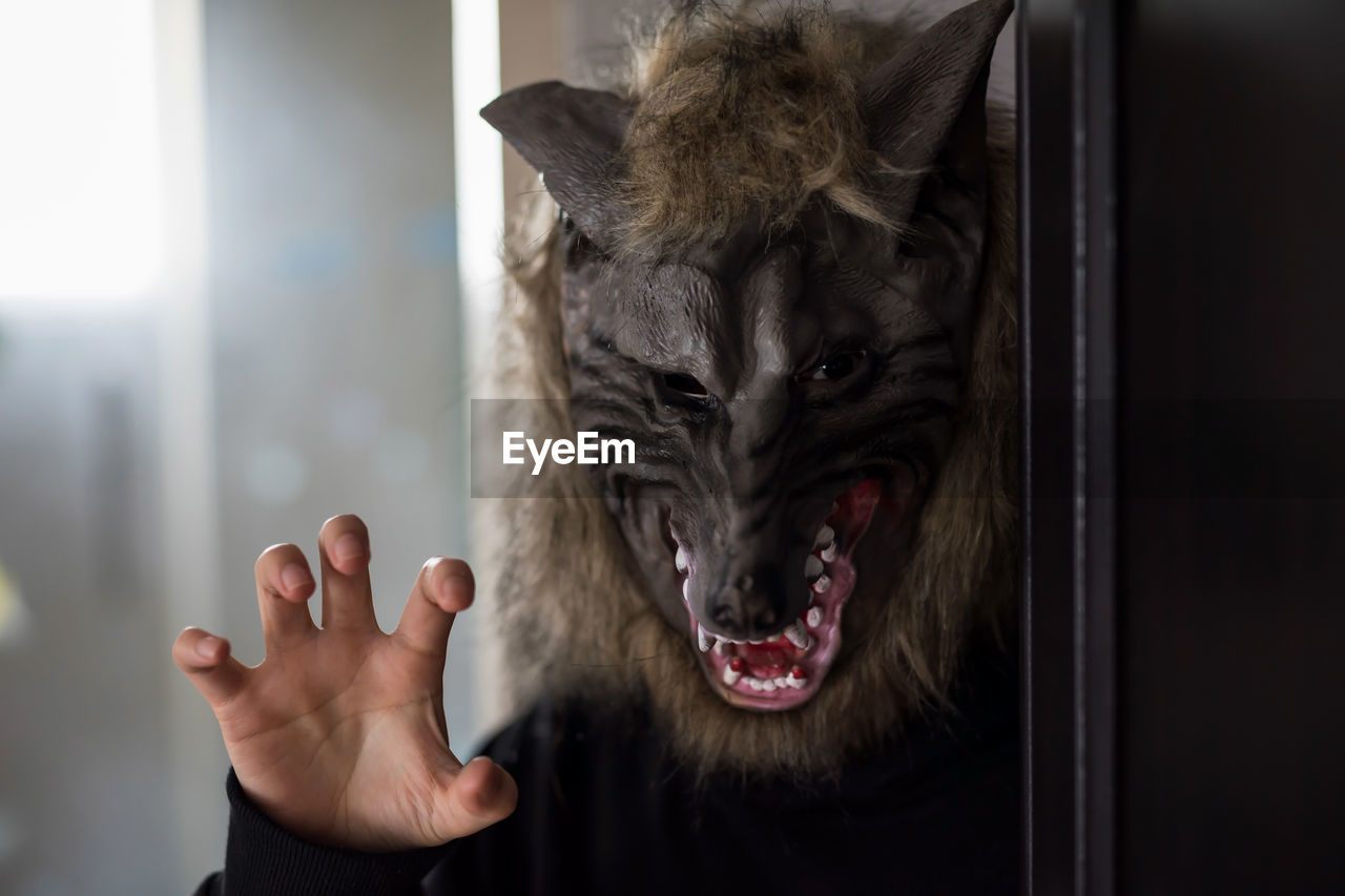 Close-up portrait of woman wearing spooky animal mask at home