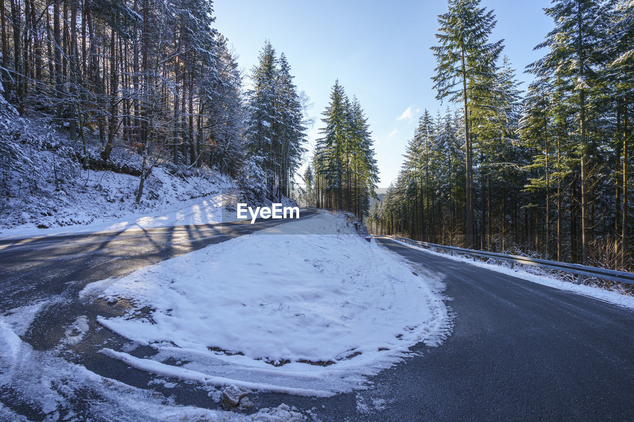 VIEW OF SNOW COVERED ROAD AMIDST TREES