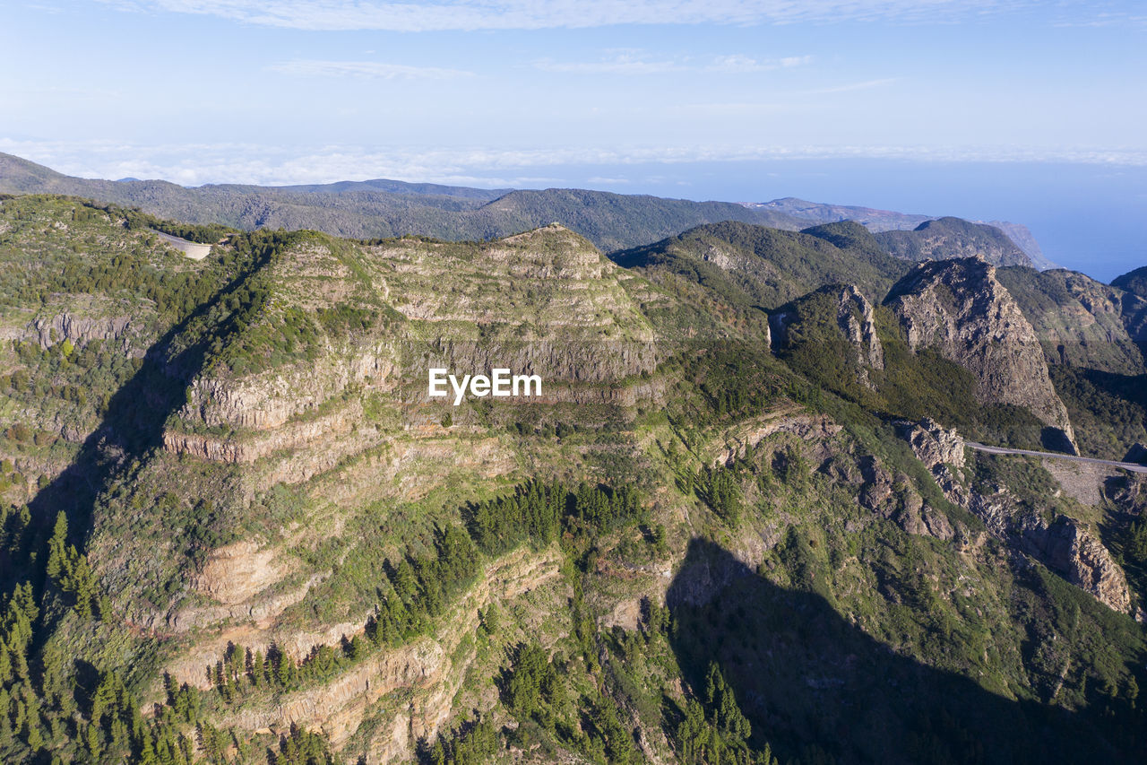 Drone view of mountain range in garajonay national park