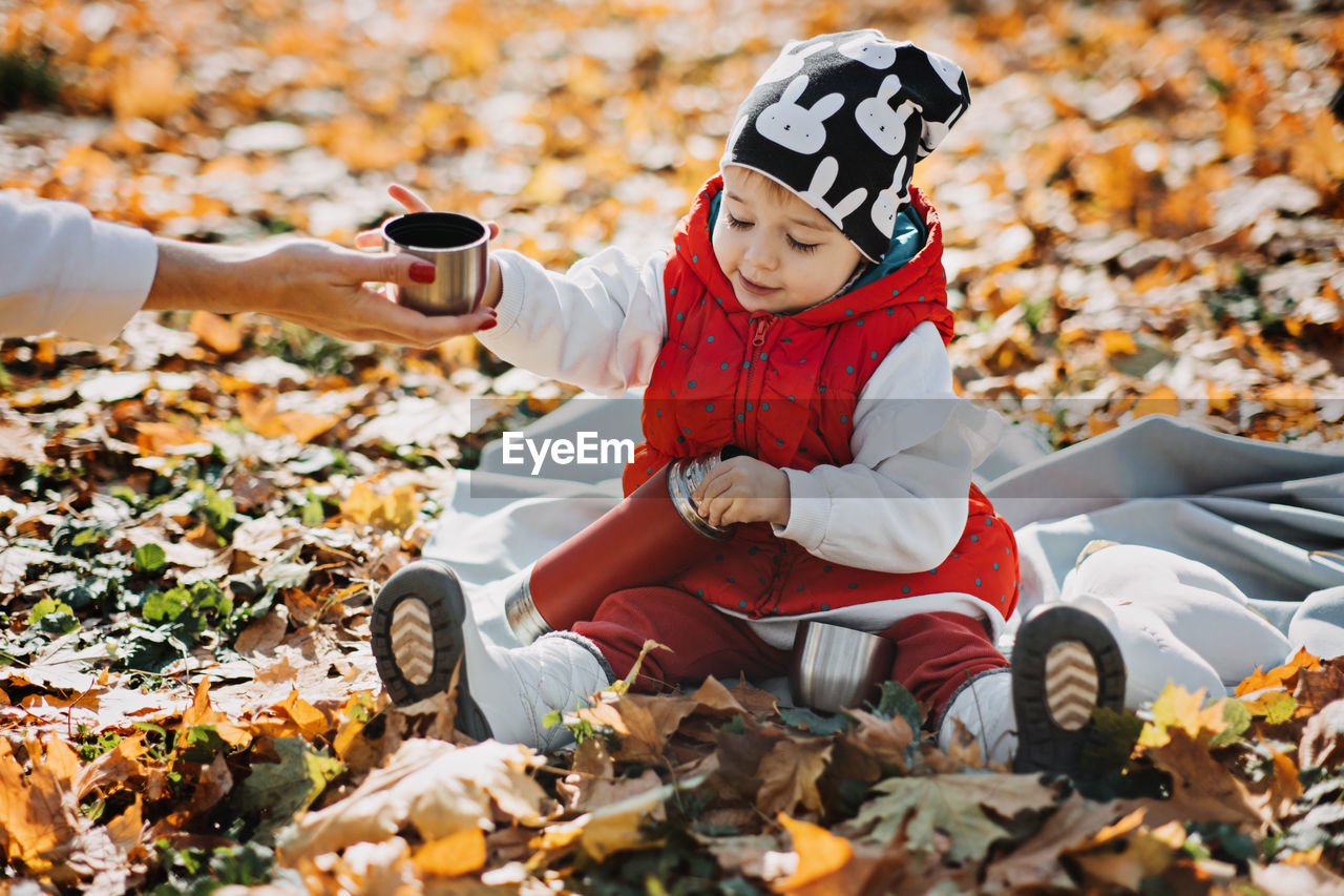 Happy little toddler baby daughter with red thermos and cup in autumn picnic in fall nature