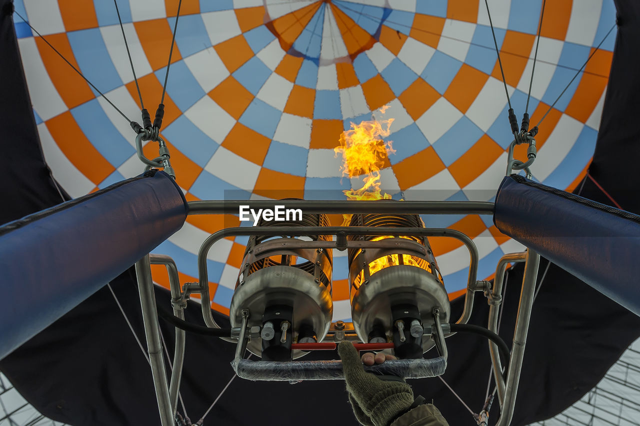 Low angle view of burning hot air balloon