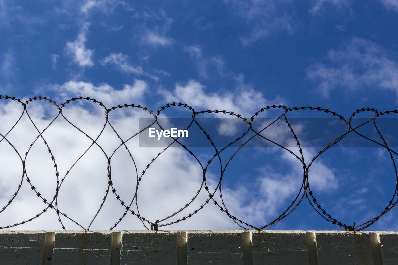 Low angle view of razor wires on surrounding wall against sky