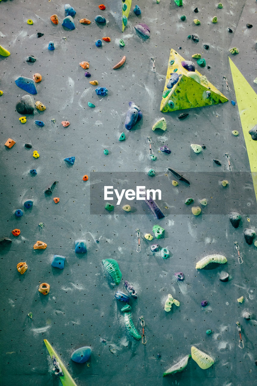 Close-up of multi colored climbing wall