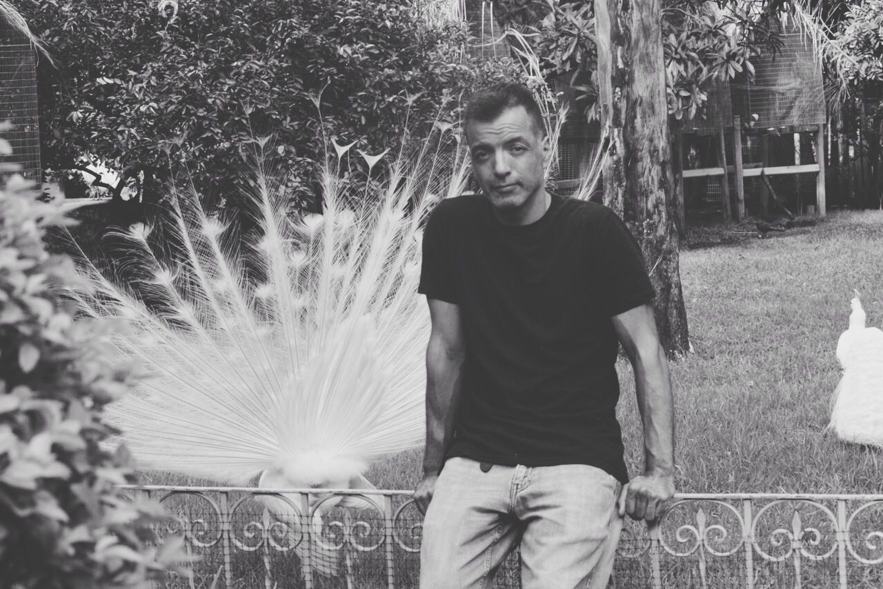 Portrait of man sitting on railing against white peacocks at zoo