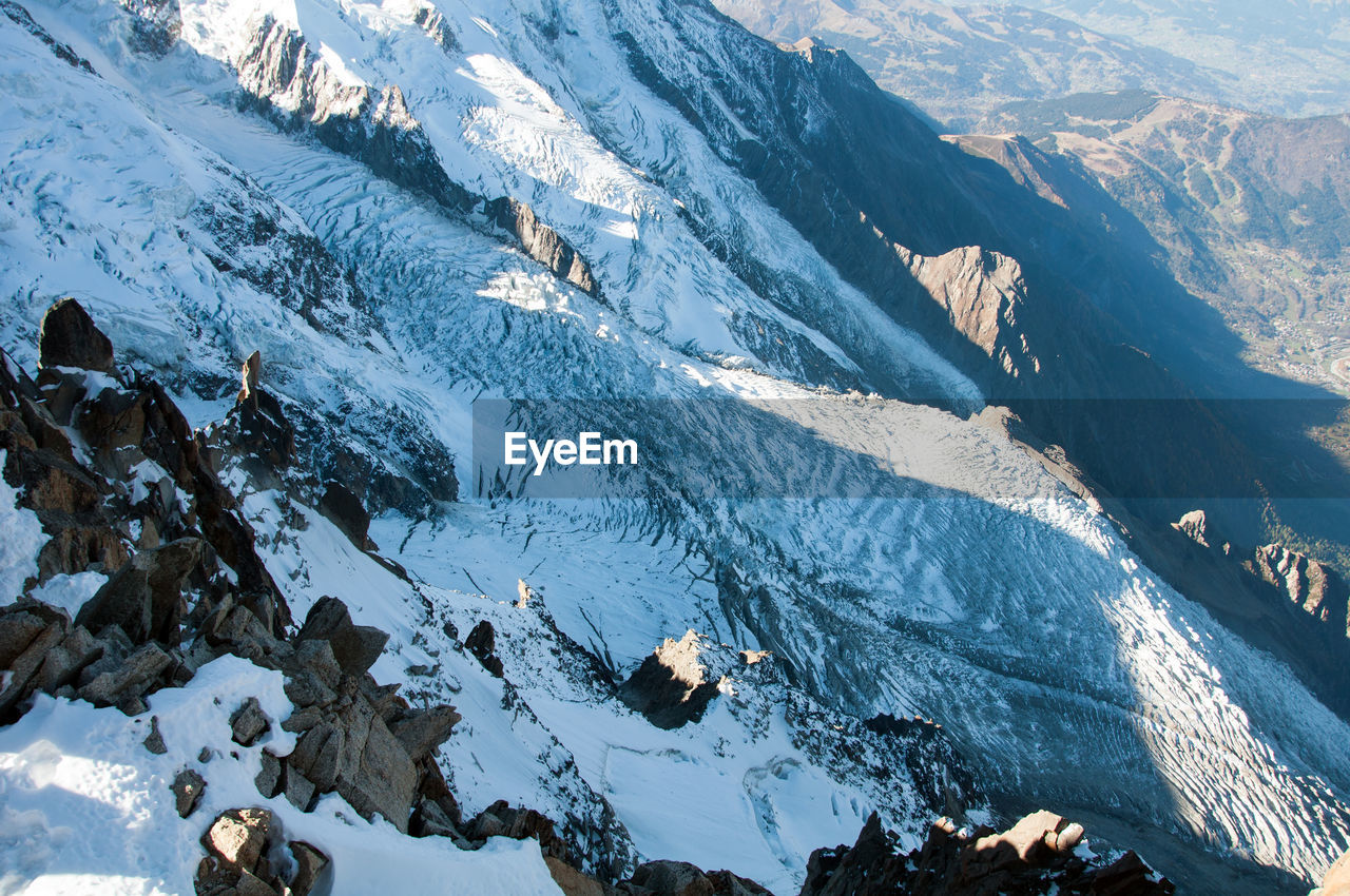 High angle view of snowcapped mountains