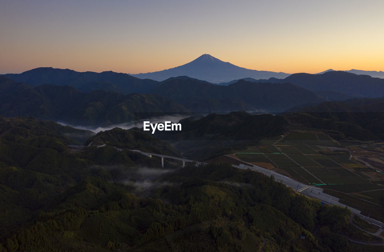 High angle view of landscape against sky during sunset