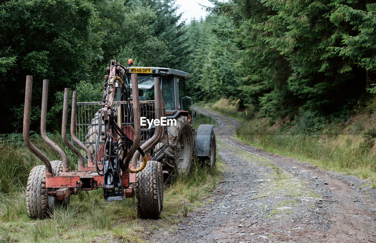 Old tractor parked on dirt road amidst trees in forest