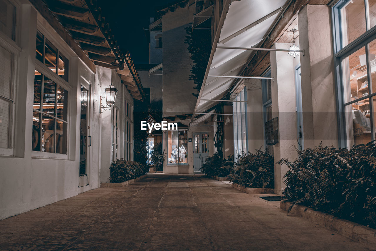 Alley amidst houses at night